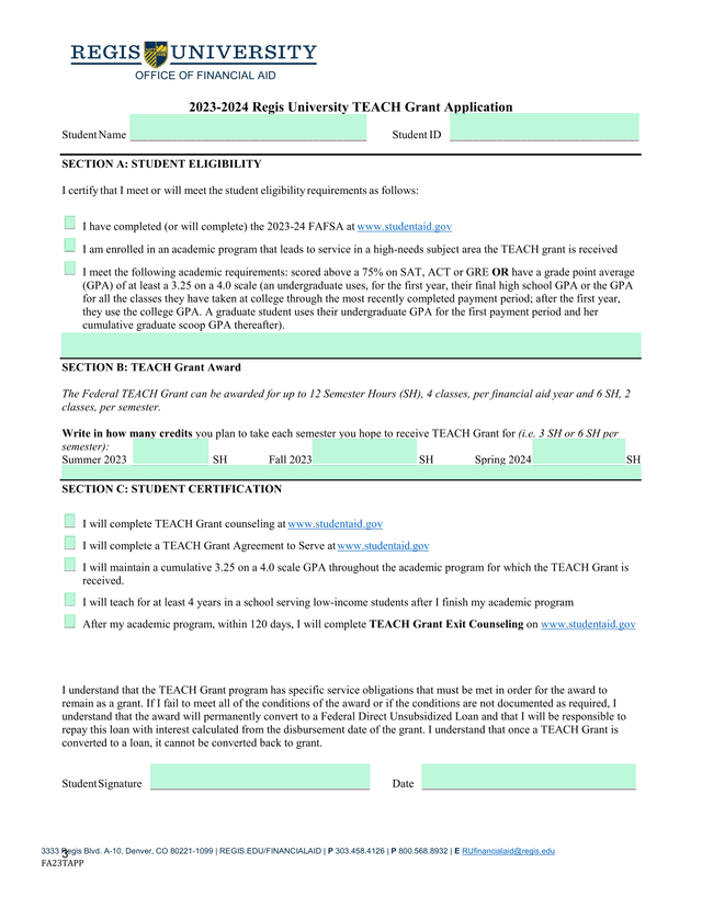 2023 2024 Regis University TEACH Grant Application screenshot