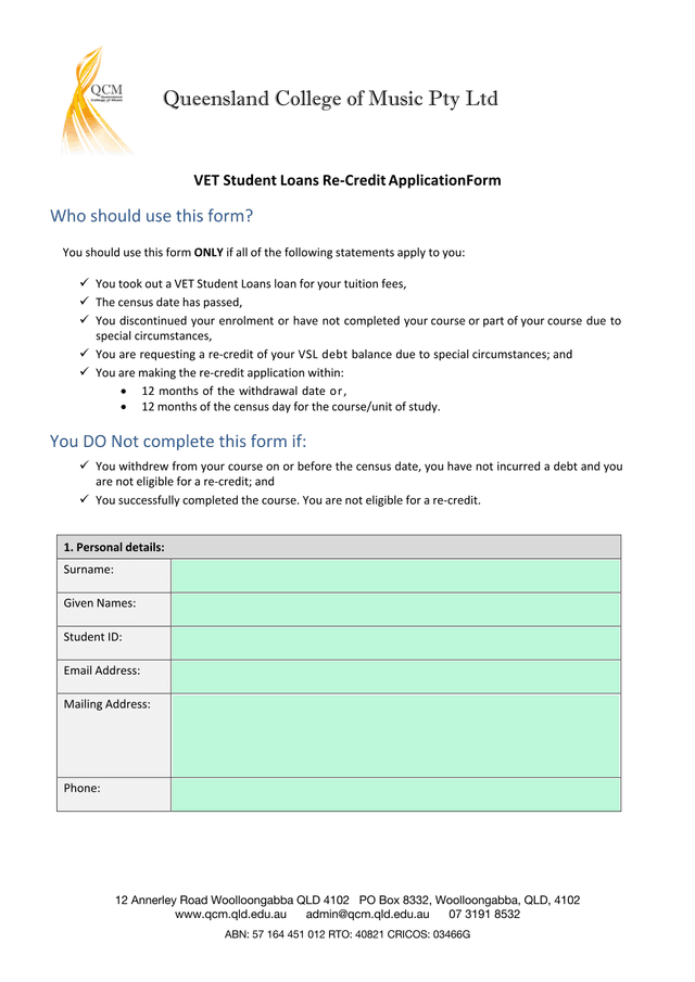 VET Student Loans Re Credit Application Form screenshot