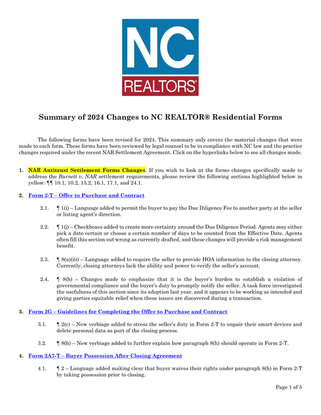 Summary Of 2024 Changes To NC REALTOR Residential Forms screenshot