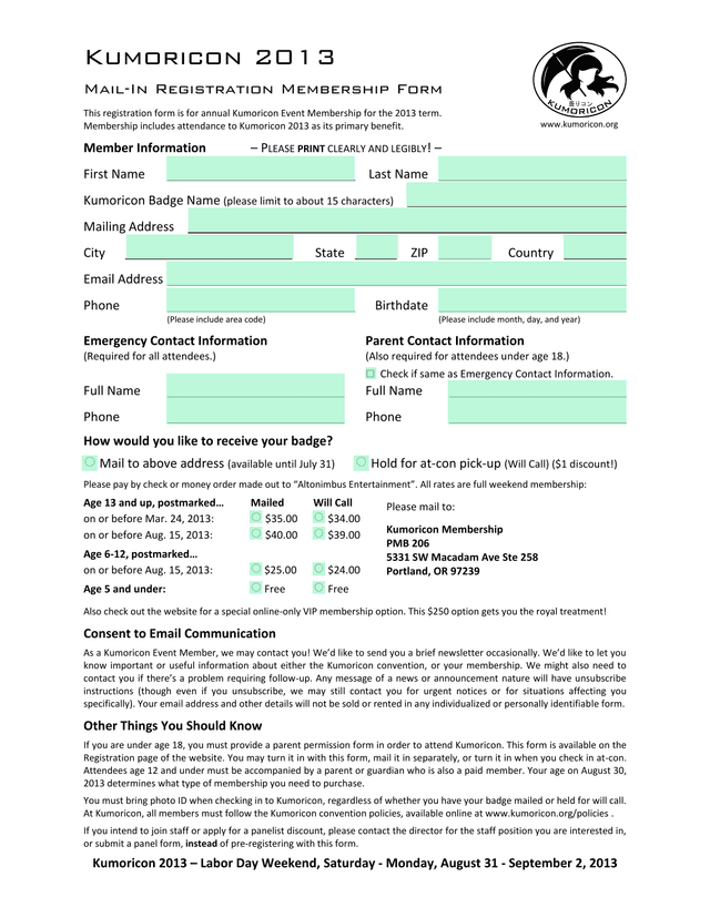 Kumoricon 2013 Mail In Registration Membership Form screenshot