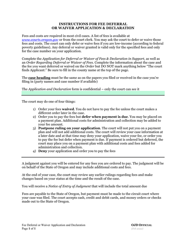 Fee Deferral Or Waiver Application And Declaration screenshot