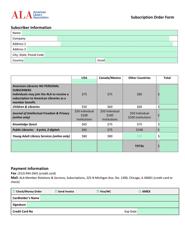 Subscription Order Form screenshot