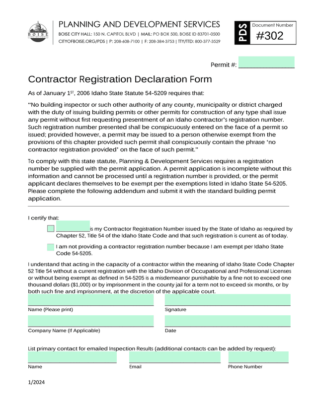Contractor Registration Declaration Form screenshot
