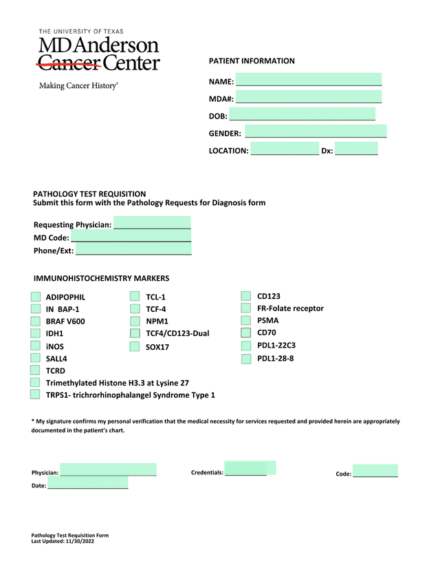 Pathology Test Requisition Form screenshot
