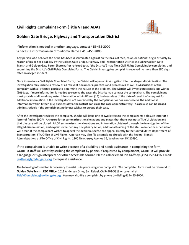 Civil Rights Complaint Form screenshot