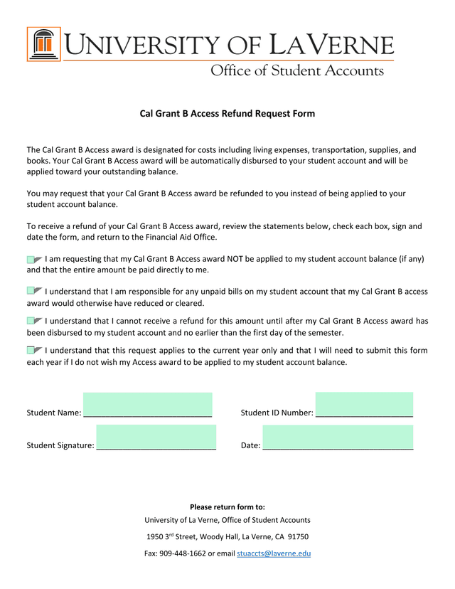 Cal Grant B Access Refund Request Form screenshot