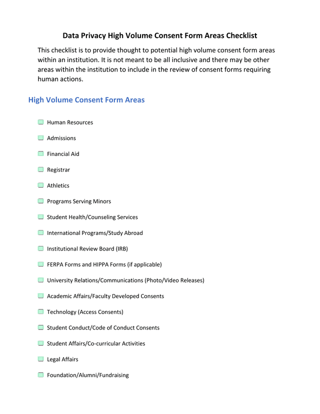 Data Privacy High Volume Consent Form Areas Checklist screenshot