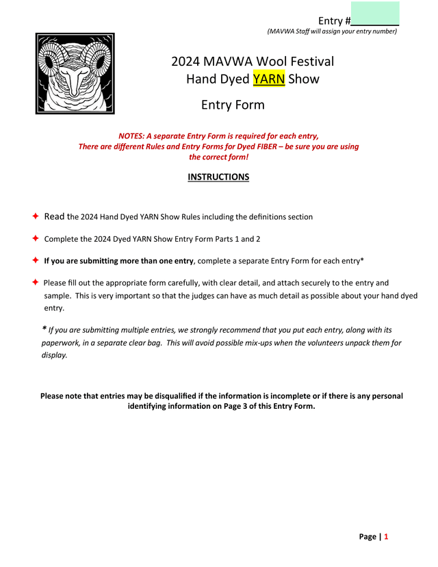 2024 MAVWA Wool Festival Hand Dyed YARN Show Entry Form screenshot