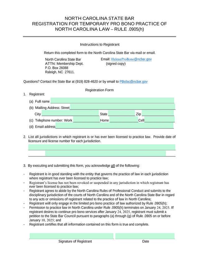 North Carolina State Bar Registration For Temporary Pro Bono Practice Of North Carolina Law screenshot