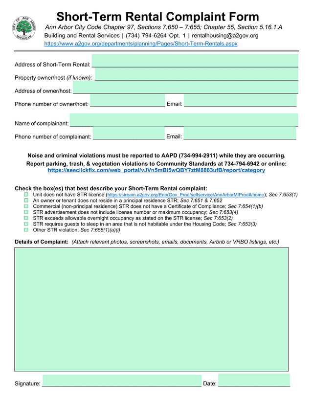 Short Term Rental Complaint Form screenshot
