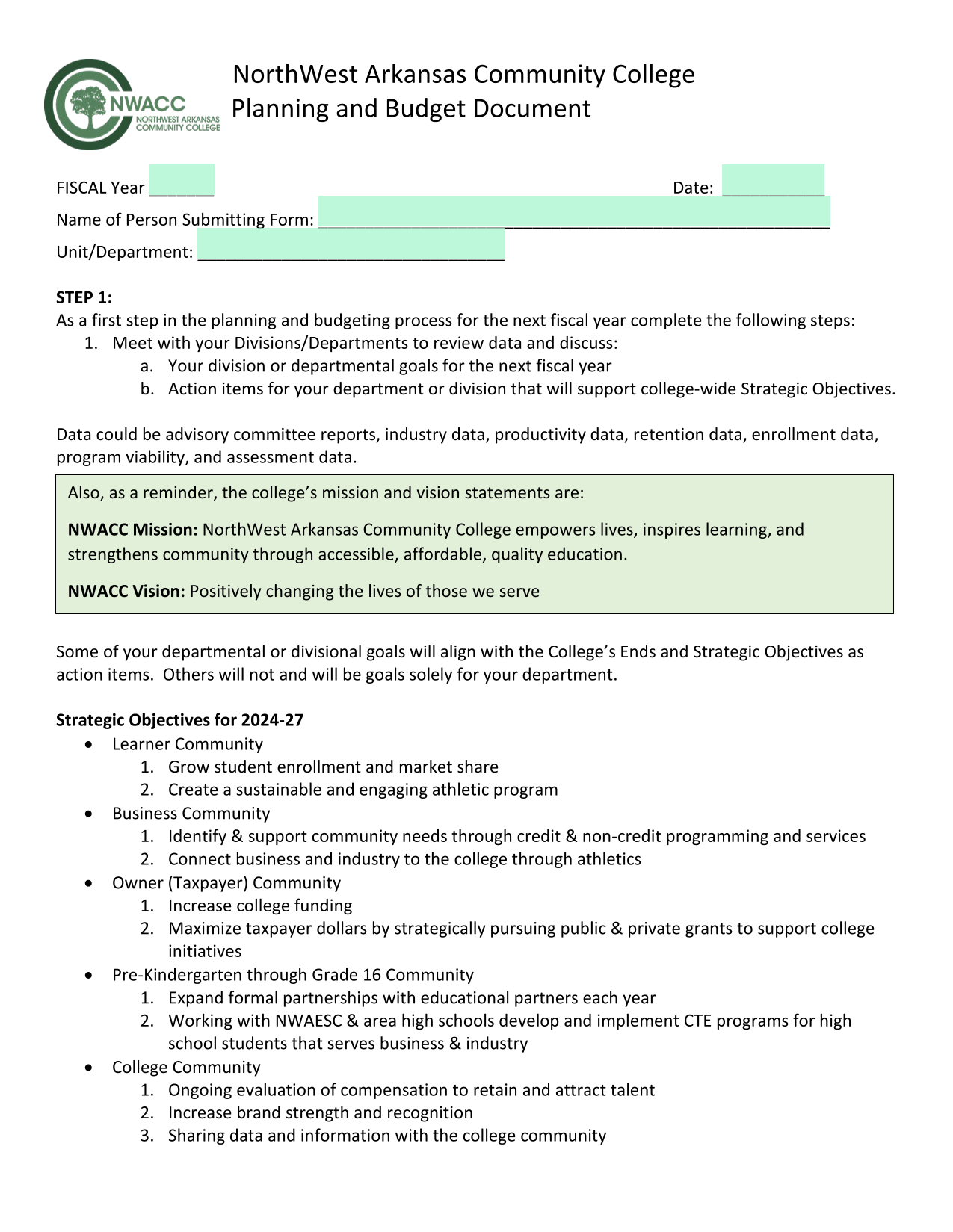 NorthWest Arkansas Community College Planning And Budget Document screenshot