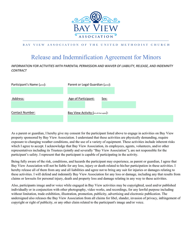Release And Indemnification Agreement For Minors screenshot