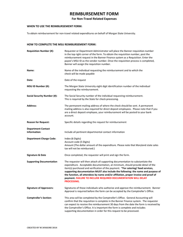 Reimbursement Form For Non Travel Related Expenses screenshot