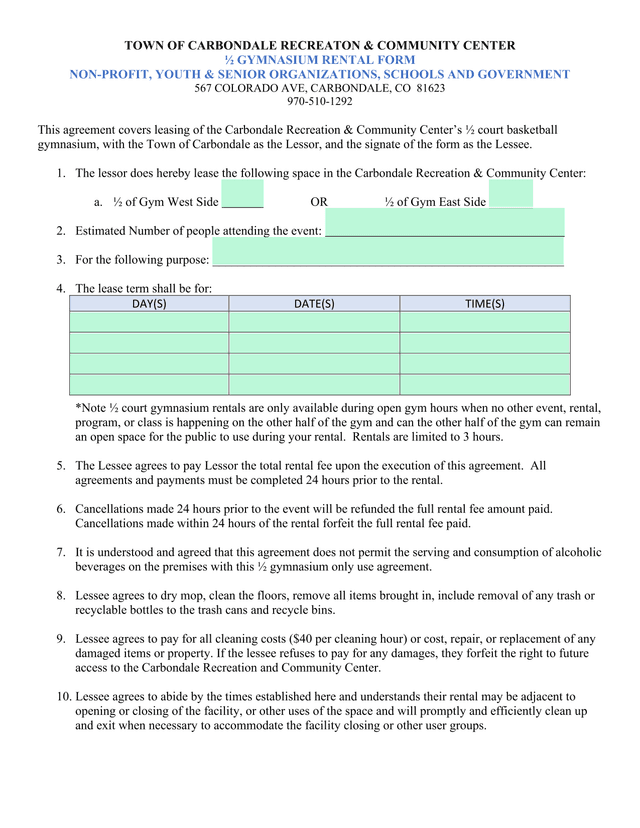 Gymnasium Rental Form screenshot