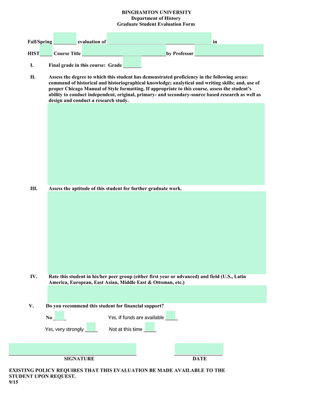 Graduate Student Evaluation Form screenshot