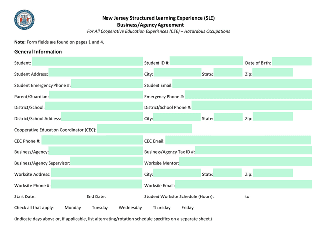 New Jersey Structured Learning Experience (SLE) BusinessAgency Agreement screenshot