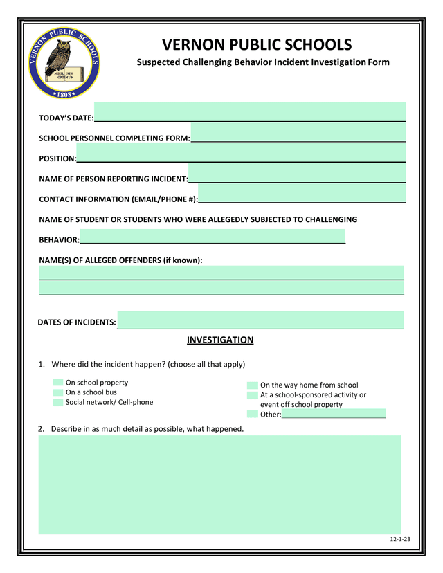 Suspected Challenging Behavior Incident Investigation Form screenshot
