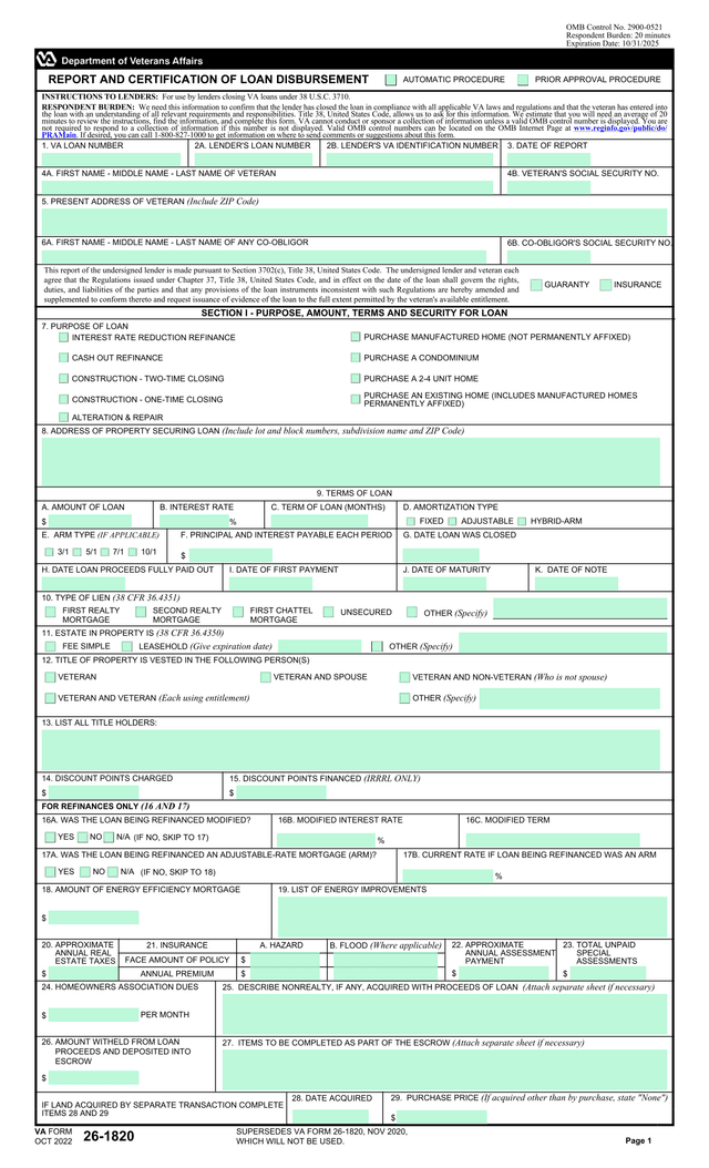 VA Loan Disbursement Report (VA Form 26 1820) screenshot