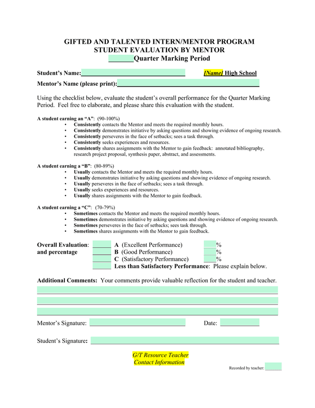 Gifted And Talented InternMentor Program Student Evaluation By Mentor screenshot
