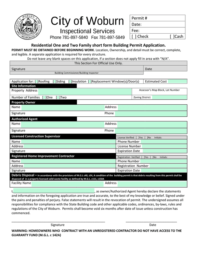 Residential One And Two Family Short Form Building Permit Application screenshot