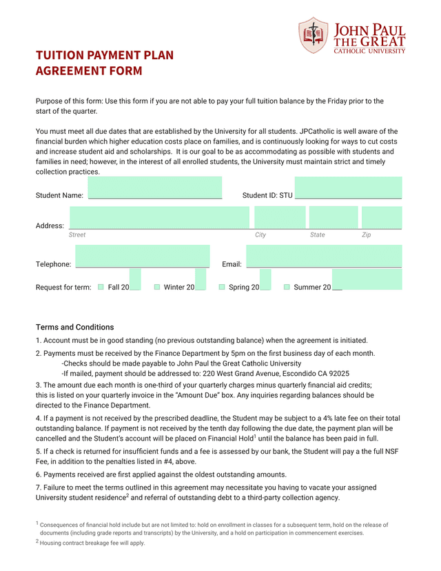 TUITION PAYMENT PLAN AGREEMENT FORM screenshot