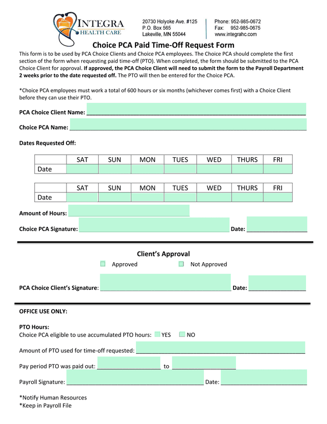 Choice PCA Paid Time Off Request Form screenshot