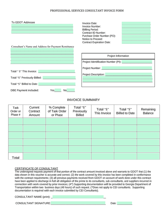 Professional Services Consultant Invoice Form screenshot