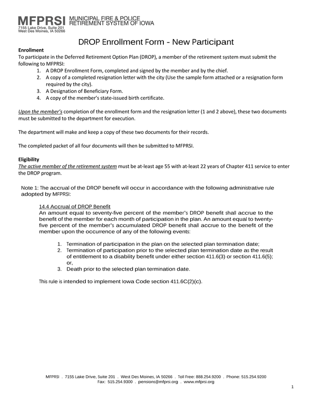 DROP Enrollment Form   New Participant screenshot