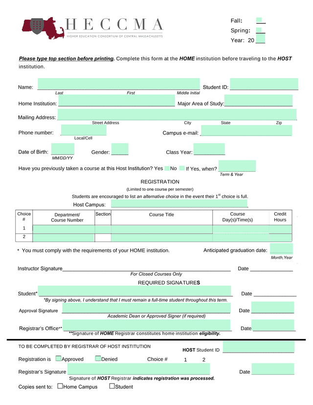 Cross Registration Form screenshot