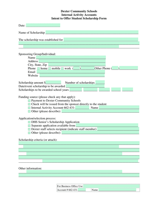 Dexter Community Schools Internal Activity Accounts Intent To Offer Student Scholarship Form screenshot