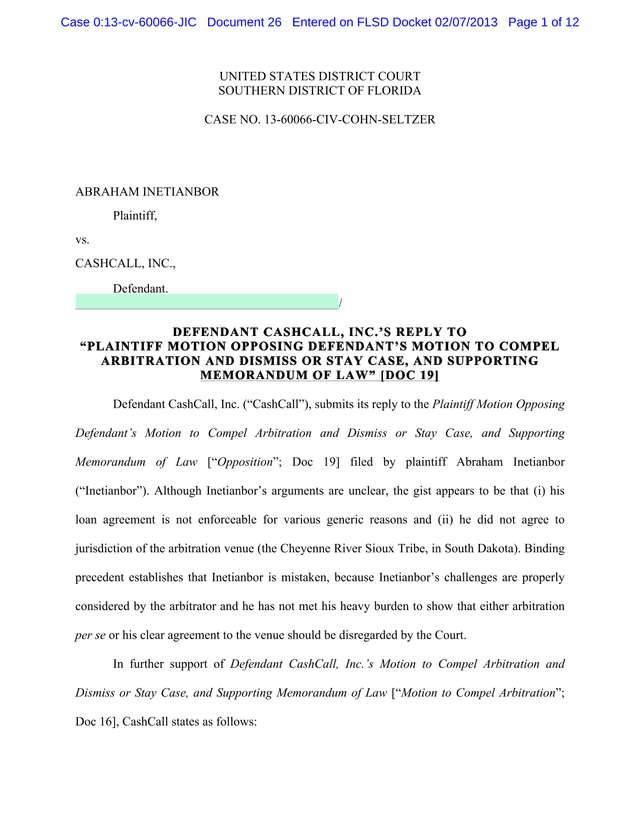 Defendant CashCall, Inc.S Reply To Plaintiff Motion screenshot