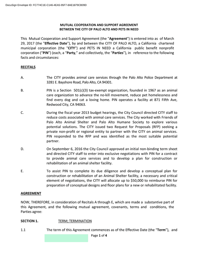 Mutual Cooperation And Support Agreement Between The City Of Palo Alto And Pets In Need screenshot