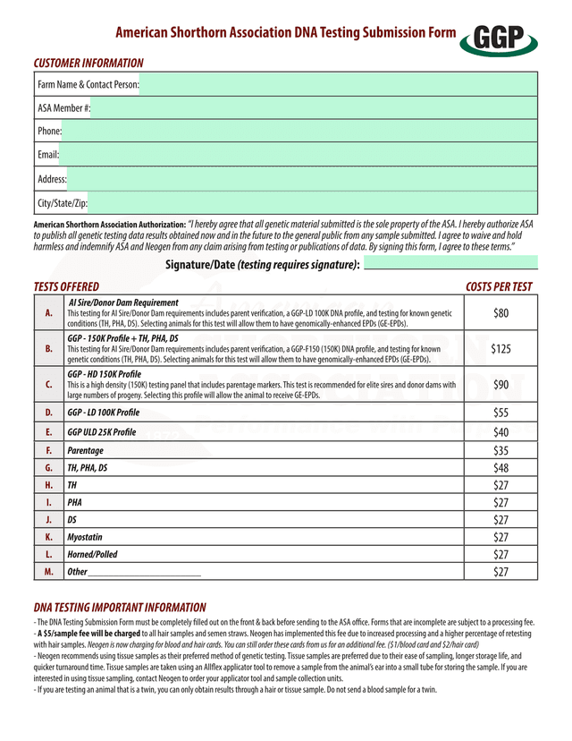 American Shorthorn Association DNA Testing Submission Form screenshot