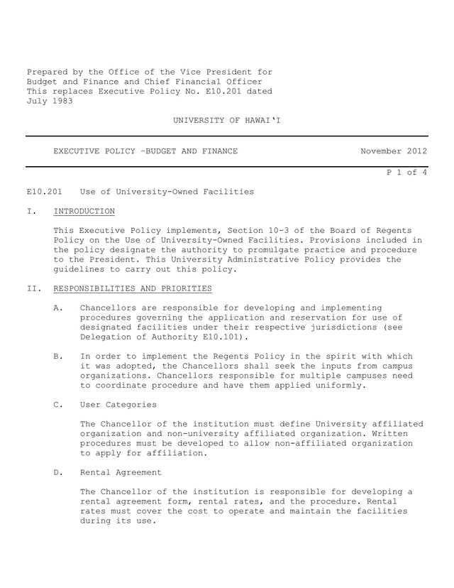 Executive Policy Budget And Finance E10.201 Use Of University Owned Facilities screenshot