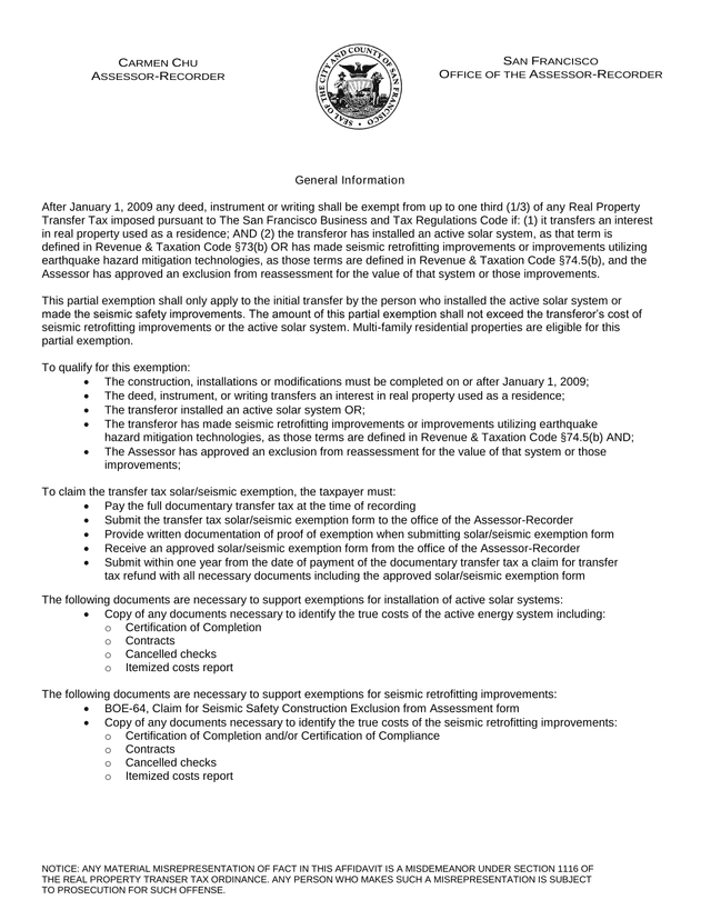 Transfer Tax SolarSeismic Exemption Notice screenshot