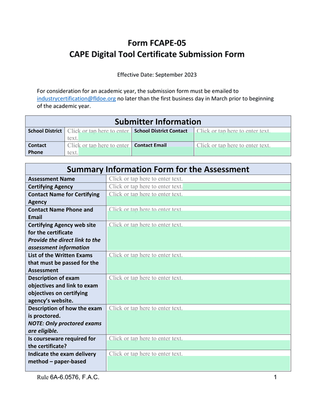 Form FCAPE 05 CAPE Digital Tool Certificate Submission Form screenshot