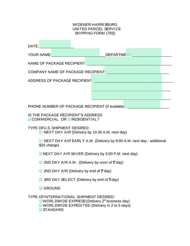 WIDENER HARRISBURG UNITED PARCEL SERVICE SHIPPING FORM screenshot