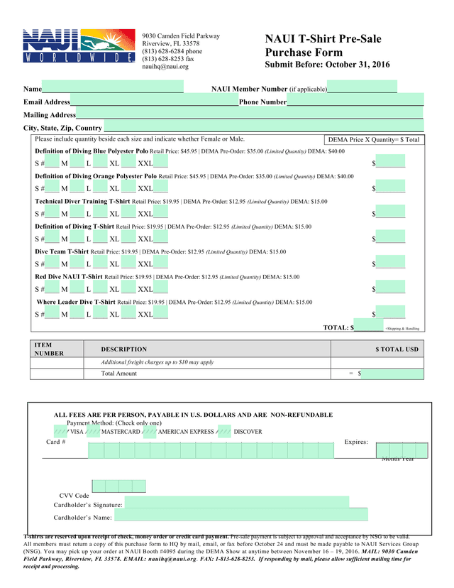 NAUI Merchandise Order Form screenshot