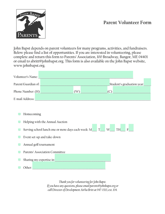Parent Volunteer Form screenshot