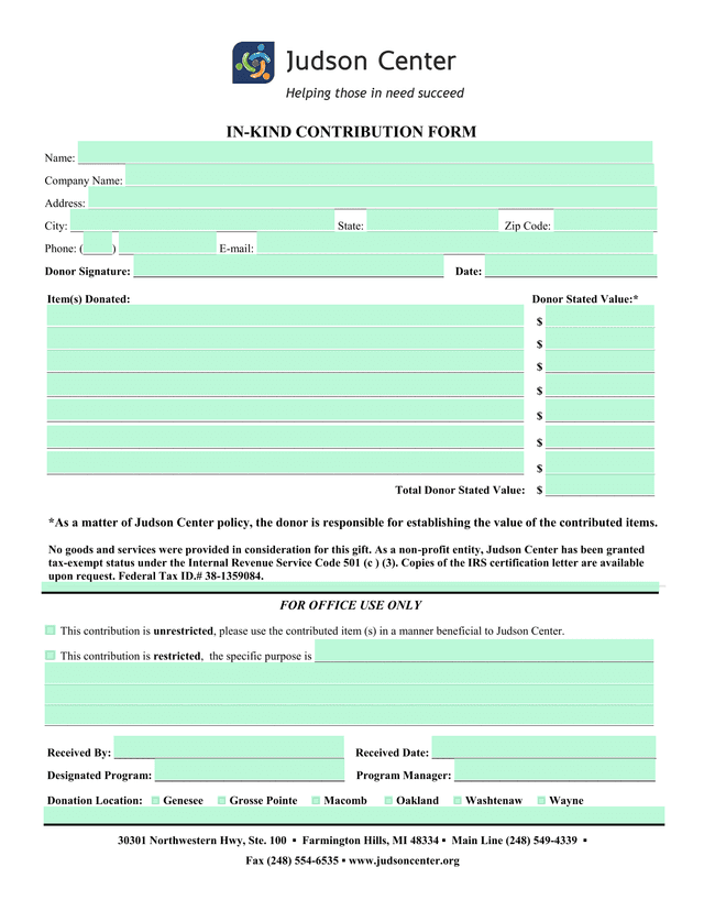 IN KIND CONTRIBUTION FORM screenshot