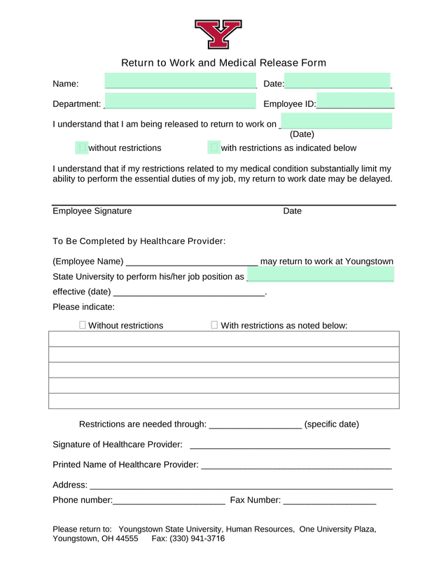 Return To Work And Medical Release Form screenshot