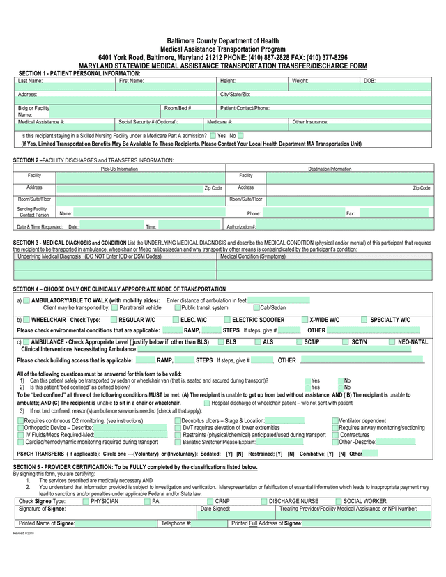 Maryland Statewide Medical Assistance Transportation TransferDischarge Form screenshot