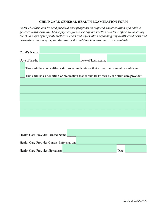 Child Care General Health Examination Form screenshot