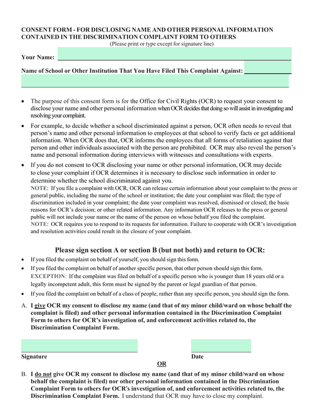 Consent Form   For Disclosing Name And Other Personal Information Contained In The Discrimination Co screenshot