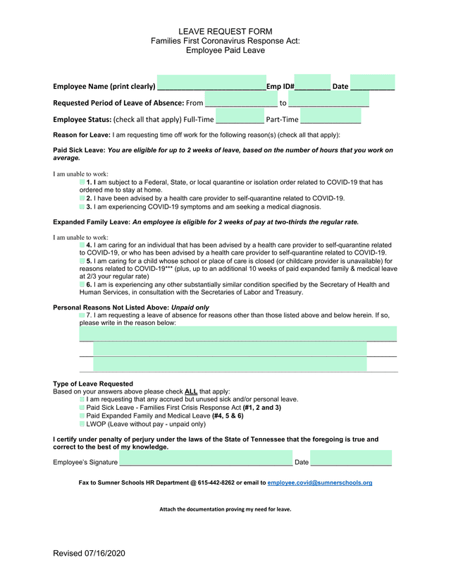 Leave Request Form   Families First Coronavirus Response Act Employee Paid Leave screenshot