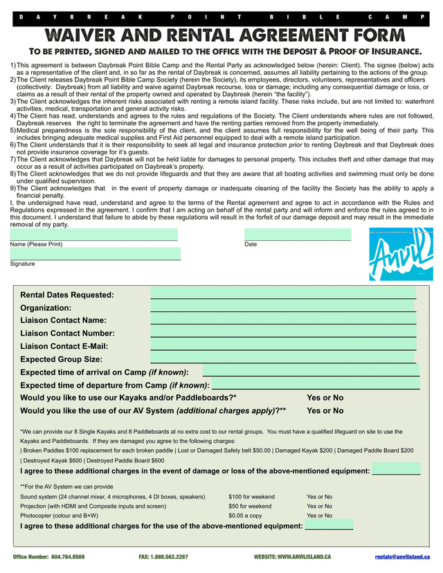 Waiver And Rental Agreement Form screenshot