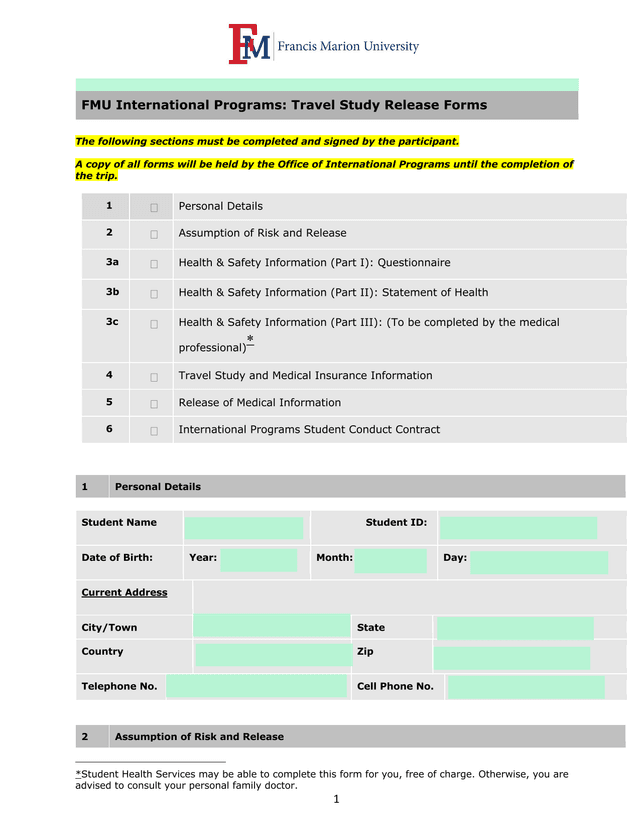 FMU International Programs Travel Study Release Forms screenshot
