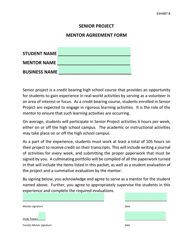 SENIOR PROJECT MENTOR AGREEMENT FORM screenshot