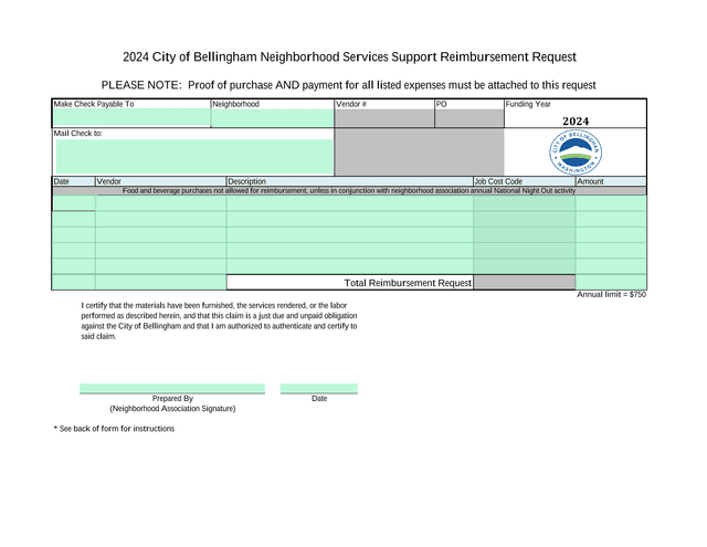 2024 City Of Bellingham Neighborhood Services Support Reimbursement Request screenshot