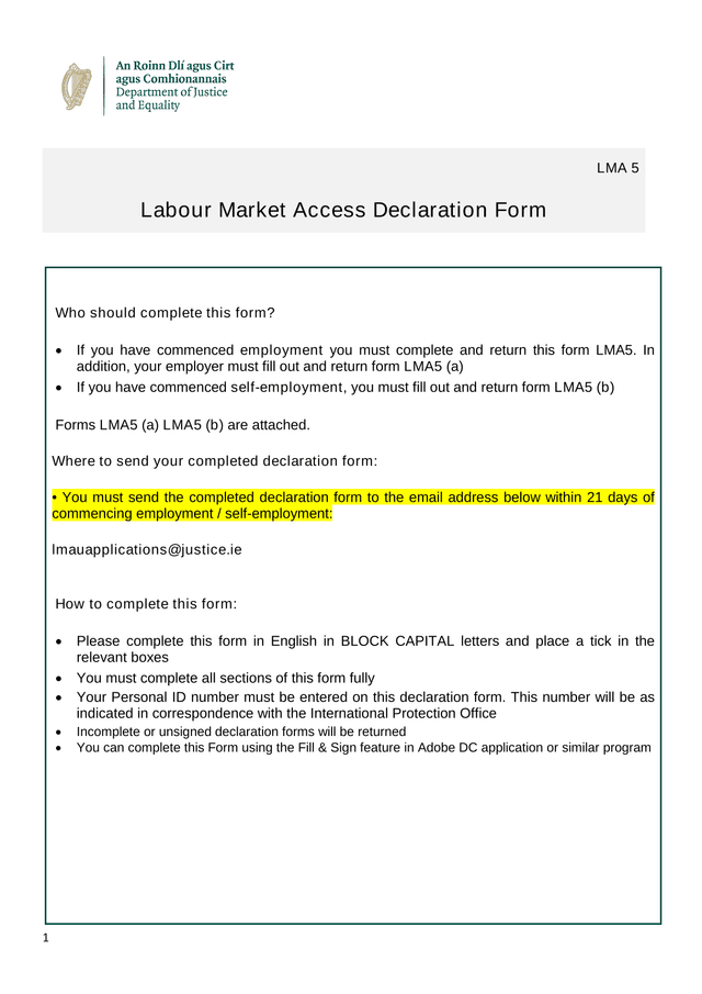 Labour Market Access Declaration Form LMA 5 screenshot